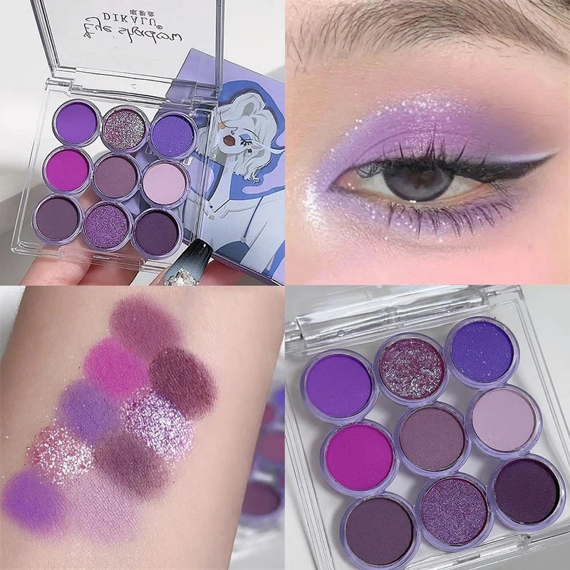 9Colors Glitter Eyeshadow Palette Smoke Purple Lace Shimmer Pearlescent Matte Acrylic Eye Shadows Palette Waterproof Eye Make Up Good Vibrations