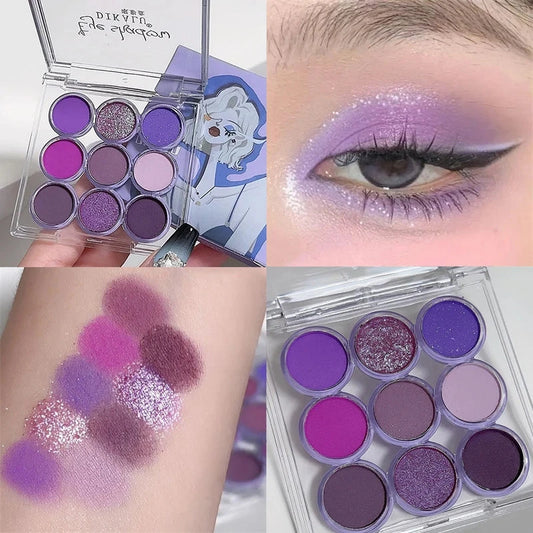 9Colors Glitter Eyeshadow Palette Smoke Purple Lace Shimmer Pearlescent Matte Acrylic Eye Shadows Palette Waterproof Eye Make Up Good Vibrations