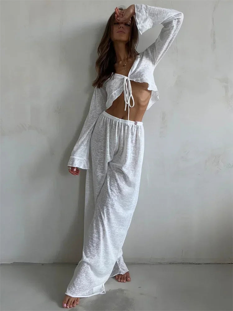 Casual Fashion 2 Piece-Set Trousers For Women V-Neck Lace-Up Long Sleeve Top And High Waist Women's Pants Outfits Female Good Vibrations