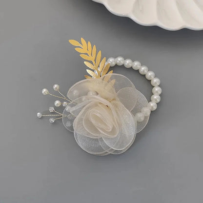 Girls Bridesmaid Wrist Flowers Pearl Ribbon Rose Bracelet for Wedding Prom Party Bride to Be Bridesmaid Gift Wedding Accessories Good Vibrations