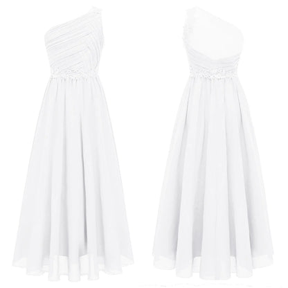 Girls Wedding Bridesmaid Dress One Shoulder Elegant Guipure Lace Ruched Chiffon Maxi Party Dresses Birthday Evening Prom Gown Good Vibrations