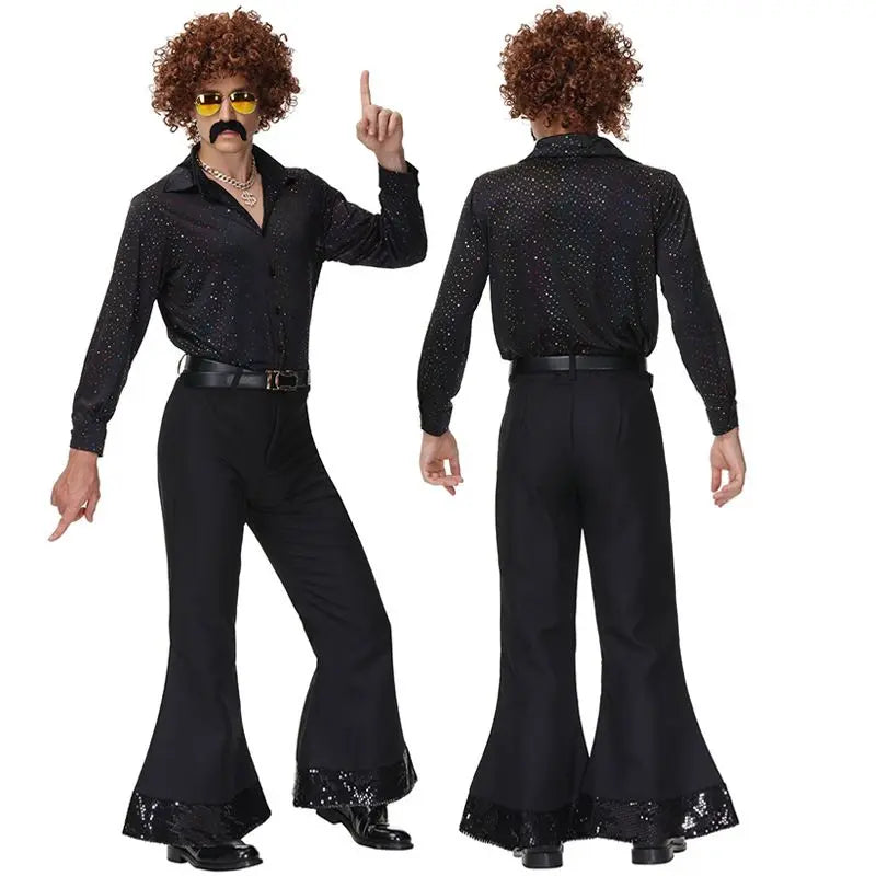 Vintage European and American 70s Disco Sequin Couple Costume Black Top Pants Cool Clothes for Women Men Bar Performance Outfit Good Vibrations