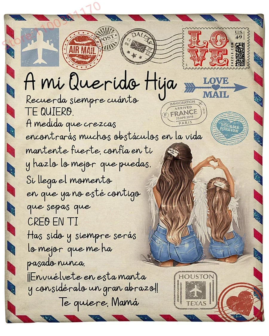 Flannel Blanket-A Mi Hija Letter To My Daughter Express Love Spanish Version Sofa Throw Blanket Thanksgiving Birthday's Day Gift Good Vibrations
