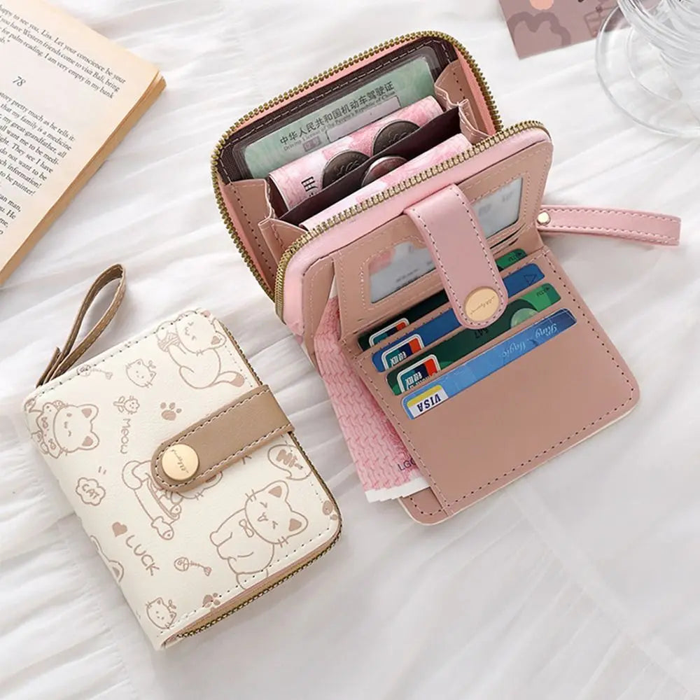 Cute Cat Coin Purse Women Fashion Short Wallet PU Leather Large Capacity Wallet Lightweight ID Card Holder Travel Cash Coin Bag Good Vibrations