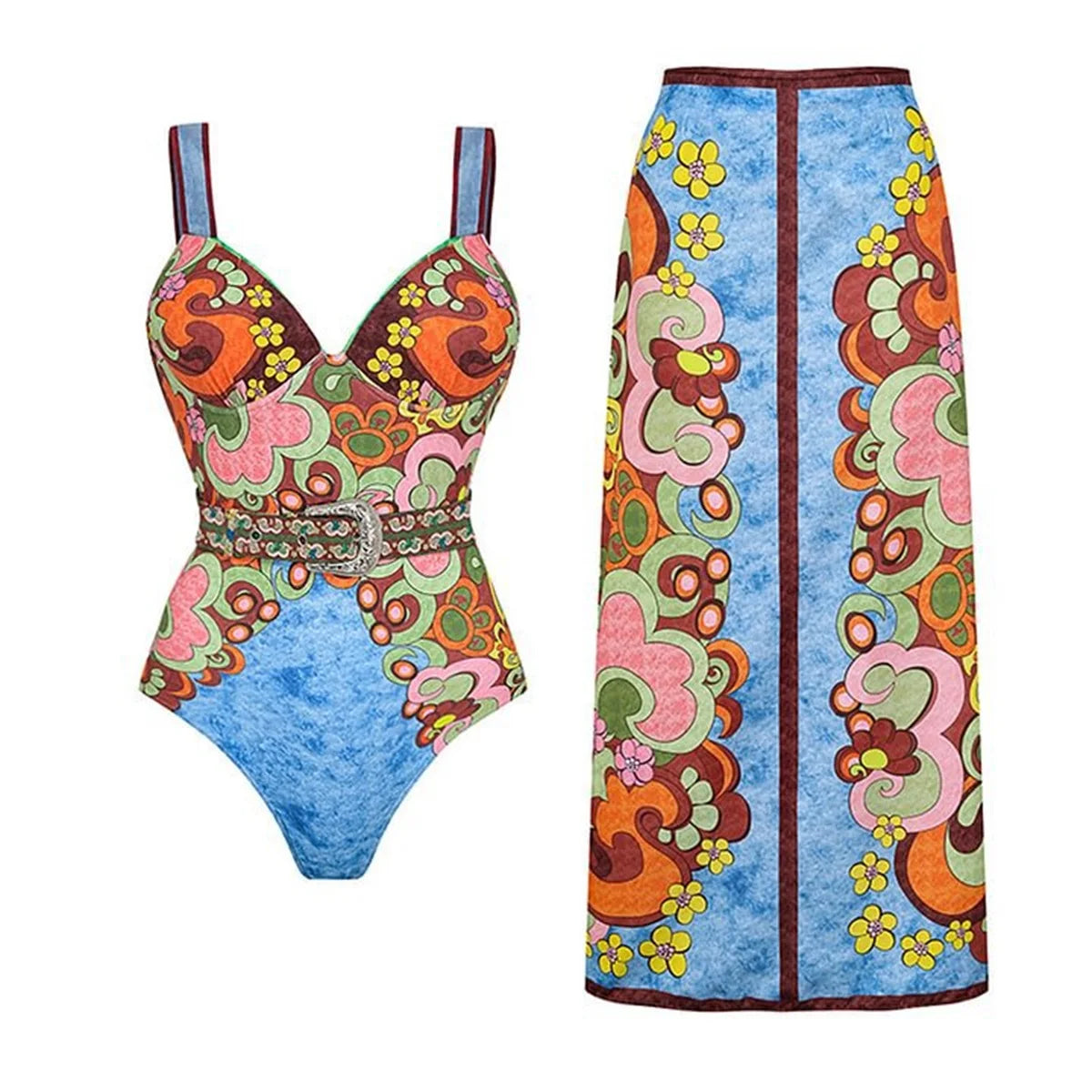2Pcs Printed Swimsuit Women Sexy Swimwear New Bikini With Long Skirt Female Biquini Push Up Swim Suit Bodysuit Beachwear CoverUp Good Vibrations