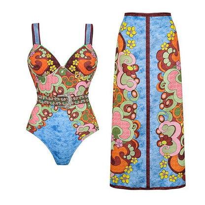 2Pcs Printed Swimsuit Women Sexy Swimwear New Bikini With Long Skirt Female Biquini Push Up Swim Suit Bodysuit Beachwear CoverUp Good Vibrations