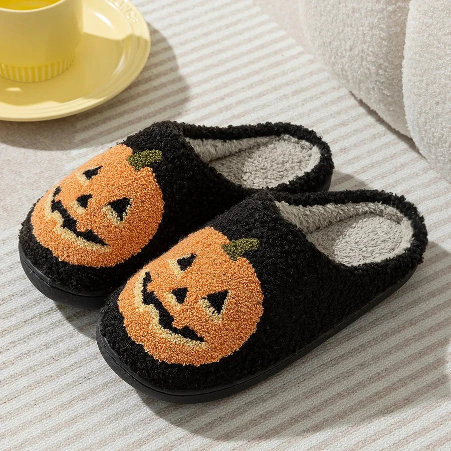 Smile Pumpkin Halloween Women's Slippers Winter Indoor Cartoon Comfort Home Bedroom Soft Causal Flat Plush Shoes for Gift Good Vibrations