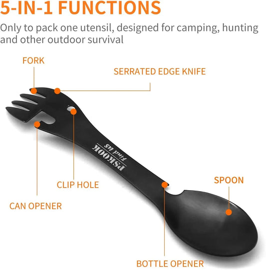 5-in-1 Utility Tactical Spork, Stainless Steel Spoon & Bottle Opener, Fork & Knife, Can Opener Combo Camping Utensil for Hiking Good Vibrations