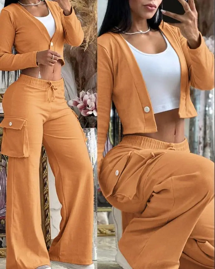 Women's Spring Summer New Fashionable Solid Color Printed Sexy Waist Short Top Casual Pants Set For Women Good Vibrations