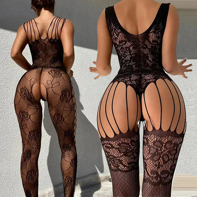 Black Crotchless Body Stockings Lace Sheer Lingerie Women Wear
