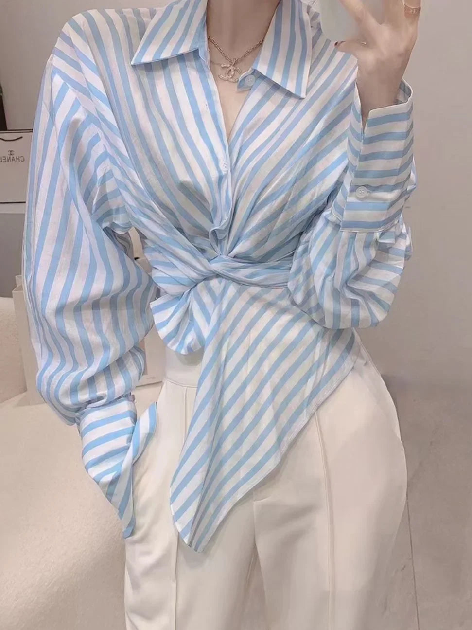 Women's Pants Two Piece Set Holiday Outfits Ladies Trouser Shirt Blue Blouse and Spring Autumn Stripe Aesthetic Groups of Co Ord Good Vibrations