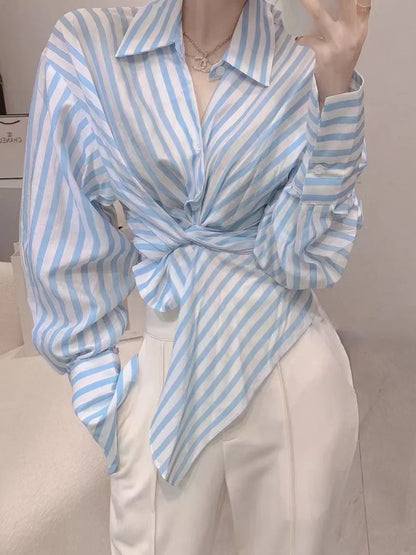Women's Pants Two Piece Set Holiday Outfits Ladies Trouser Shirt Blue Blouse and Spring Autumn Stripe Aesthetic Groups of Co Ord Good Vibrations