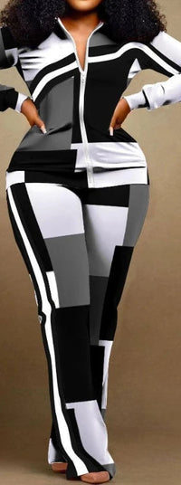 Two Piece Set Women Outfit 2023 Autumn Fashion Geometric Print Stand Collar Long Sleeve Zip Up Top & Casual Sporty Pants Set Good Vibrations