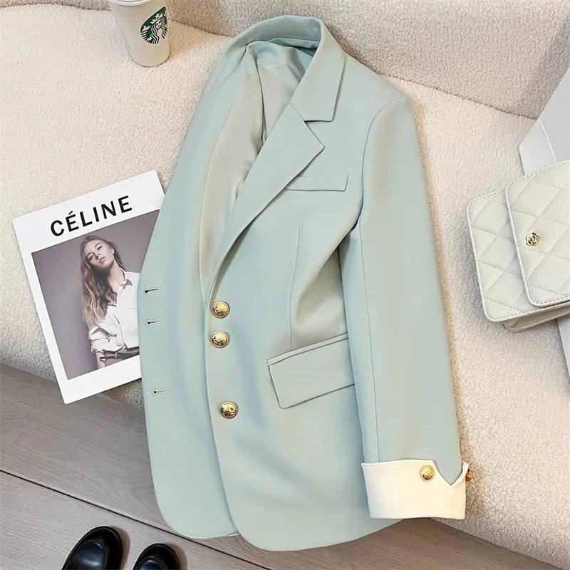 Single Breasted Notched Blazer Jackets Fashion Women Solid Long Sleeve Office Lady Blazers Casual Spring Autumn Female Clothes Good Vibrations