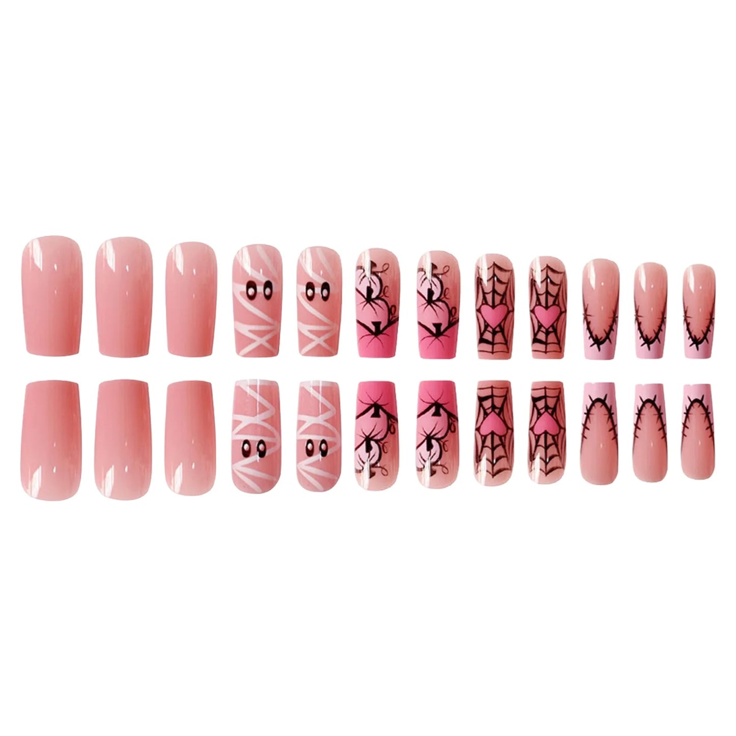 24pcs Sweet Cool Halloween False Nails Pink Medium Coffin French Fake Nails Bandage Ghost Spiderweb Pumpkin Design Press On Nail Good Vibrations