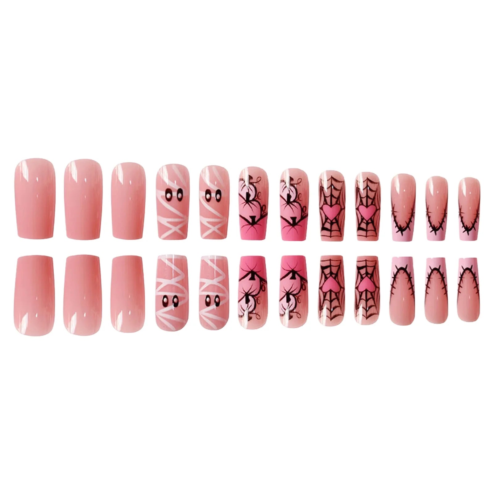 24pcs Sweet Cool Halloween False Nails Pink Medium Coffin French Fake Nails Bandage Ghost Spiderweb Pumpkin Design Press On Nail Good Vibrations