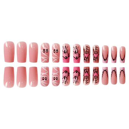 24pcs Sweet Cool Halloween False Nails Pink Medium Coffin French Fake Nails Bandage Ghost Spiderweb Pumpkin Design Press On Nail Good Vibrations