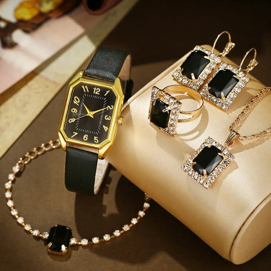 6/5/1PCS Luxury Fashion Square Women's Watches Brand Ladies Quartz Wristwatch Jewelry Set Classic Simple Femme Relogio Feminino Good Vibrations