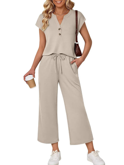 Women 2 Piece Outfit Set V Neck Button Short Sleeve T Shirt Drawstring Wide Leg Capri Pants Casual Loose Tracksuit Loungewear Va Good Vibrations
