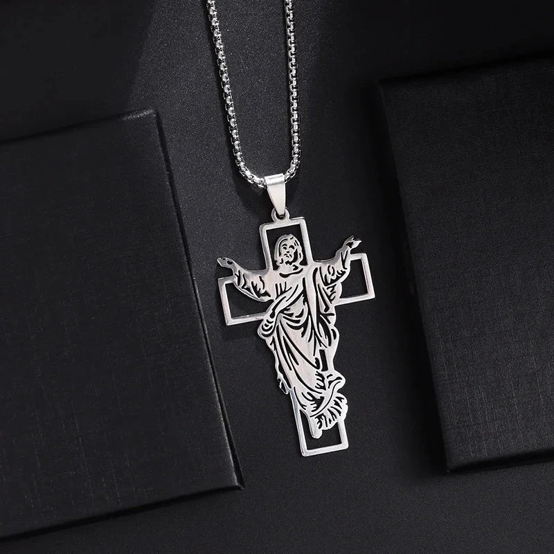 Philippians 4:13 Men's Simple Cross Pendant Necklace Stainless Steel Religious Amulet Jewelry Unisex Bijoux Good Vibrations