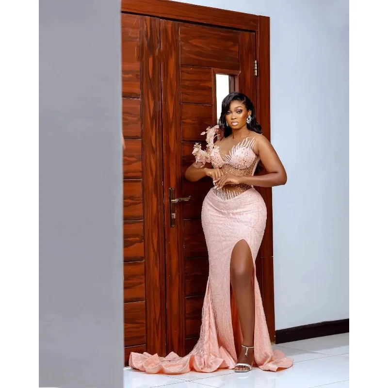Exquisite Evening Dresses For Women Sheer Neck Sleeveless Gown Sequins Appliques Split Side Sweep Train Party Dress Customized Good Vibrations