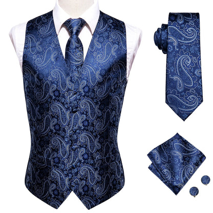 Hi-Tie Black Men Silk Vest Paisley Jacquard Necktie Hankerchief Cufflinks Sets Male Sleeveless V-Neck Waistcoat Business Formal Good Vibrations