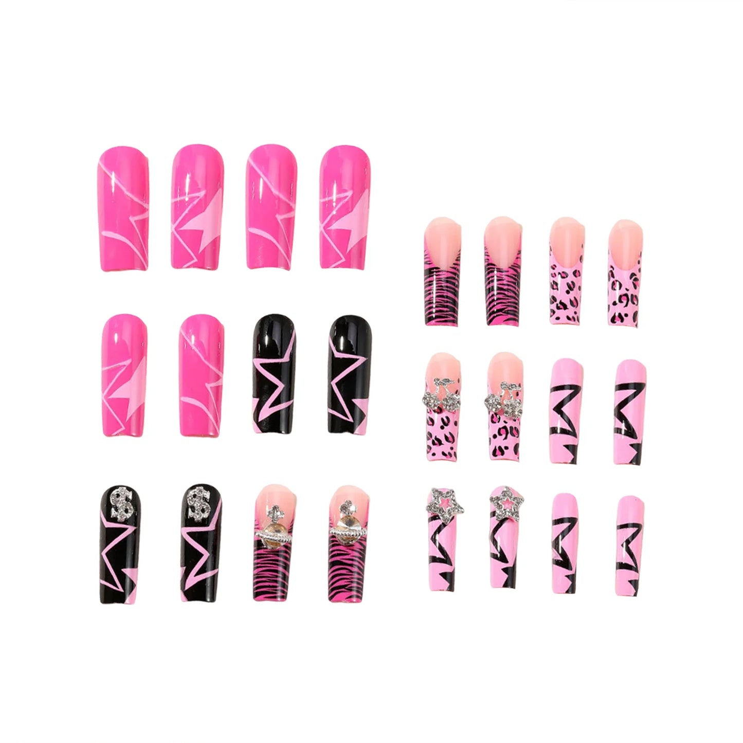 Rose Pink Long Coffin Fake Nails French Style Leopard Star Printed Press on Nails Y2K Girls Charms Manicure Black False Nails Good Vibrations