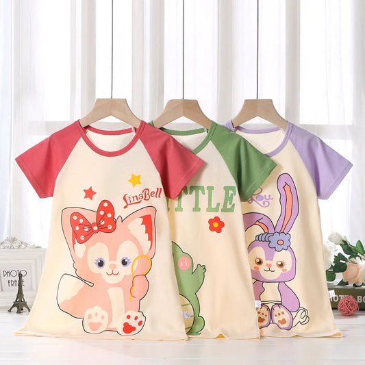 Girls Nightdress Pure Cotton Girl Short-sleeved Air Clothing Thin Section Home Service Children's Pajamas Nightdress Good Vibrations