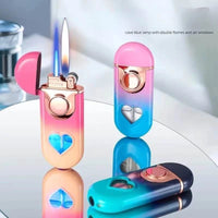 Metal Love Double Flame Butane Gas Lighter Creative LED Blue Light Transparent Gas Window Grinding Wheel Ignition Cigar Lighters Good Vibrations Adult Super Store