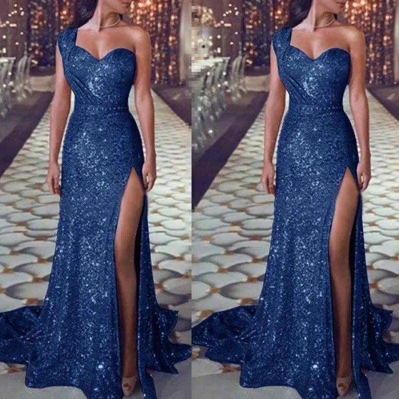2025 Women's Wedding Party Dress Evening Elegant Sexy Deep V Neck One Shoulder Sleeveless Sequined Long Maxi Dresses For Women Good Vibrations