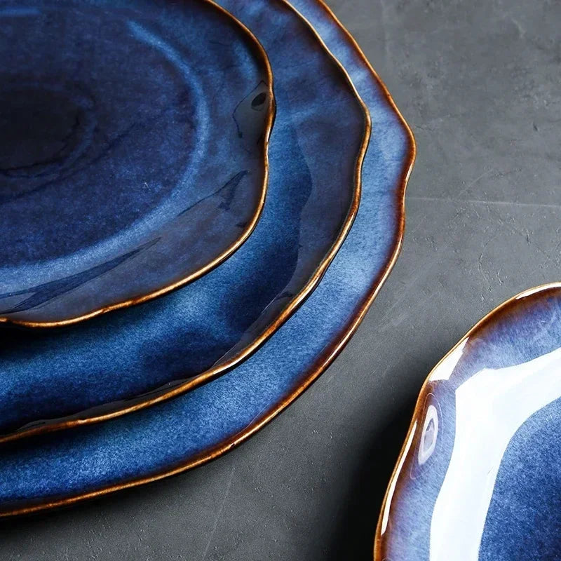 Ceramic Plates Deep Blue Irregular Flat Plate Pottery Dish Household Decoration Tableware Dinnerware Tray Hotel Kitchen Supplies Good Vibrations
