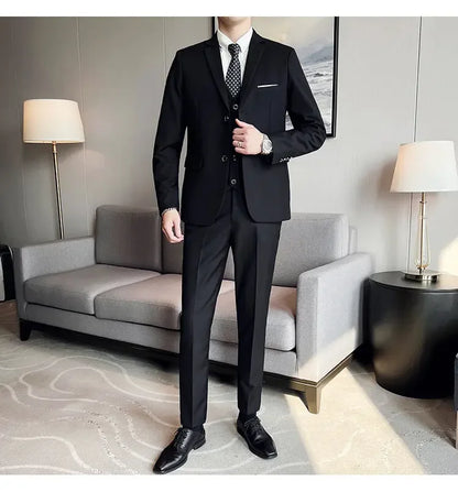 Suit (suit +Vest+Pants) Formal Business Men Four Seasons Professional Fashion Gentleman Solid Color Outdoor British Style Suit