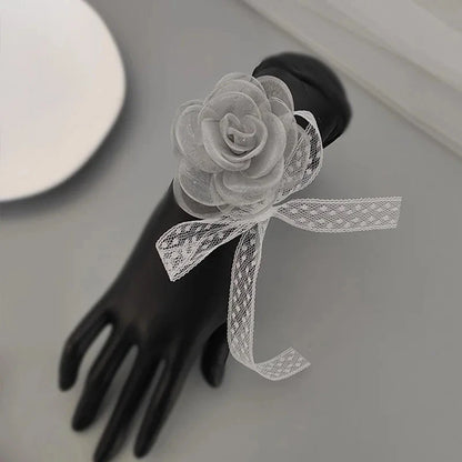 Girls Bridesmaid Wrist Flowers Pearl Ribbon Rose Bracelet for Wedding Prom Party Bride to Be Bridesmaid Gift Wedding Accessories Good Vibrations