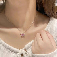 Y2K Pink Planet Heart Zircon Pendant Necklaces Women Fashion Aesthetic Clavicle Chain Necklace Valentines Day Gift Party Jewelry Good Vibrations