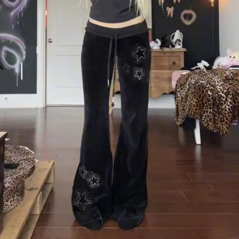 Goth Dark Techwear Fashion Stars Rhinestone Drawstring Pants Mall Goth Streetwear 90s Grunge Soft Velvet Trousers Women Y2K Pant Good Vibrations