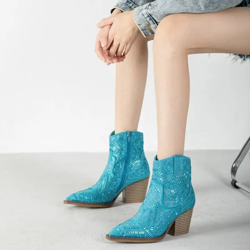 Ankle Boots for Women Luxury Full Diamond Chelsea Boots Western Cowboy Y2k Fashion Wedges Pointed Toe Zipper Women Heels shoes Good Vibrations