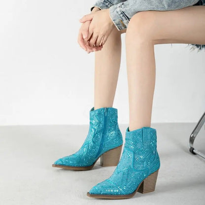 Ankle Boots for Women Luxury Full Diamond Chelsea Boots Western Cowboy Y2k Fashion Wedges Pointed Toe Zipper Women Heels shoes Good Vibrations