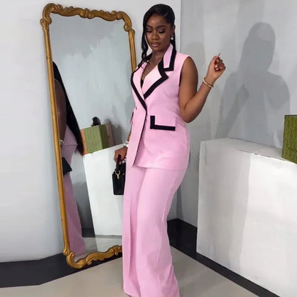 Pants Set Women Two Piece Sets Matching Sets Work Elegant Double Breasted Tops Vest Wide Leg Long Pants High Waist Y2k Pink Good Vibrations