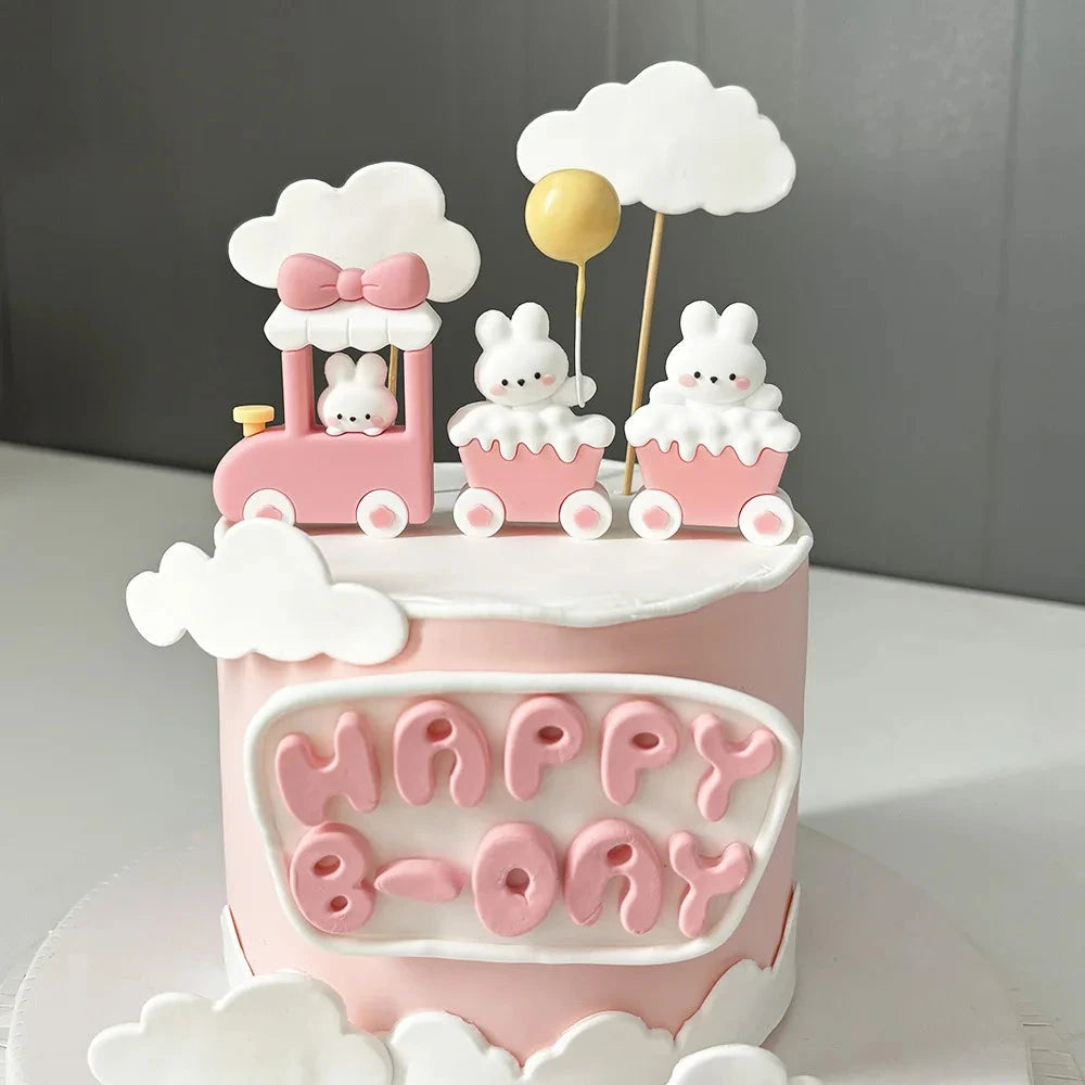Bunny Train Cake Topper Pink Rabbit Girls Theme Decoration Princess Girl's Years Old Cake Kids Happy 1st Birthday Party Supplies Good Vibrations