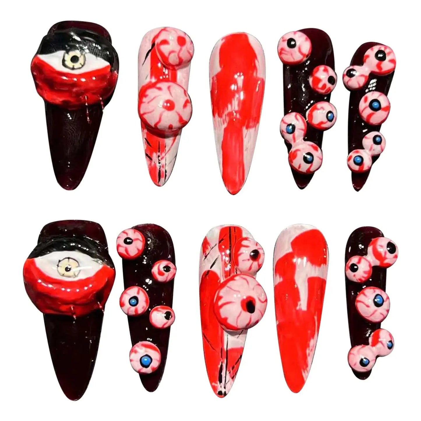 Handmade Press on Nails Punk Dark Style Halloween False Nails Black and Red Scary Eyeball Design Long Almond False Nails Good Vibrations