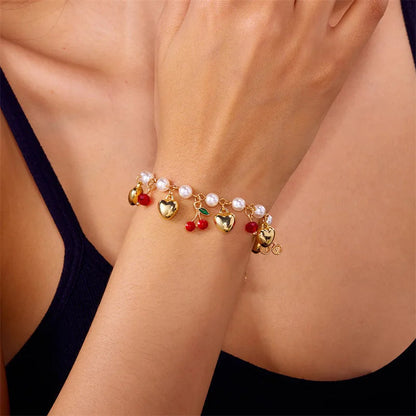Charm Red Strawberry Bracelet for Women Cute Cherry Heart Shape Fruit Pearl Metal Chain Wristband Girls Party Friendship Jewelry Good Vibrations