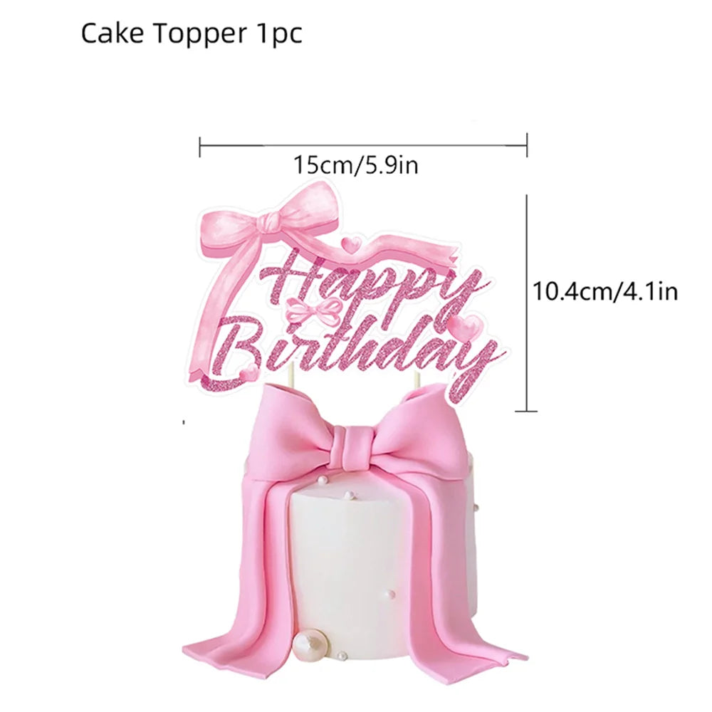 Pink Banner Happy Birthday Bow Balloon Straw Disposable Paper Plate Napkin Cup Tableware Princess Girl Birthday Party Supplies Good Vibrations