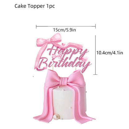Pink Banner Happy Birthday Bow Balloon Straw Disposable Paper Plate Napkin Cup Tableware Princess Girl Birthday Party Supplies Good Vibrations