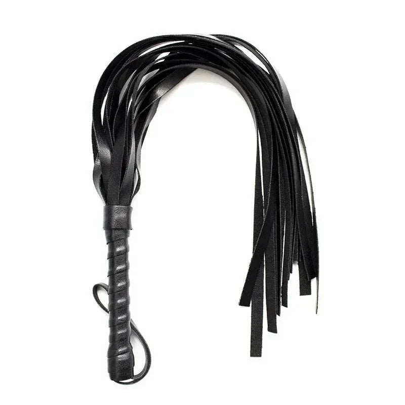 Leather BDSM bondage whip with multiple strands for fetish spanking and adult games.
