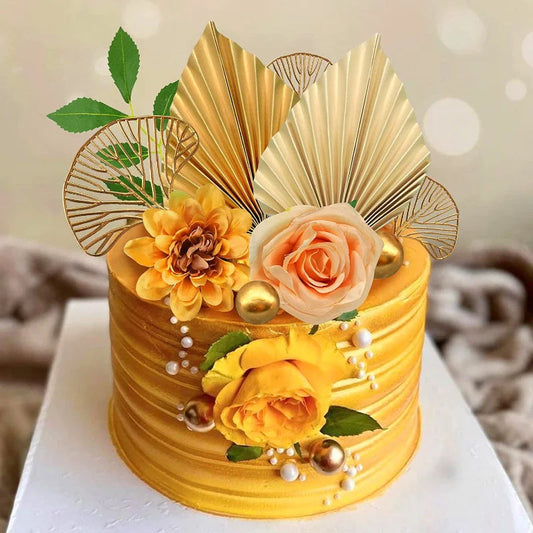 Suit Gold Palm Leaf Paper Fan Happy Birthday Cake Topper Metal Ball Flower Baby Shower Party Cupcake Decor Wedding Cake Toppers Good Vibrations