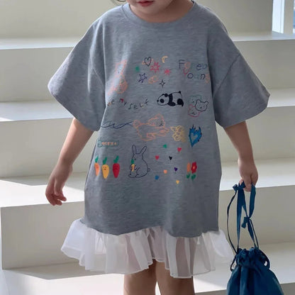 2024 Summer New Girls Short Sleeve Casual Dress Cute Flower Print Children Long T Shirts Loose Kids Princess Dress Girls Clothes Good Vibrations