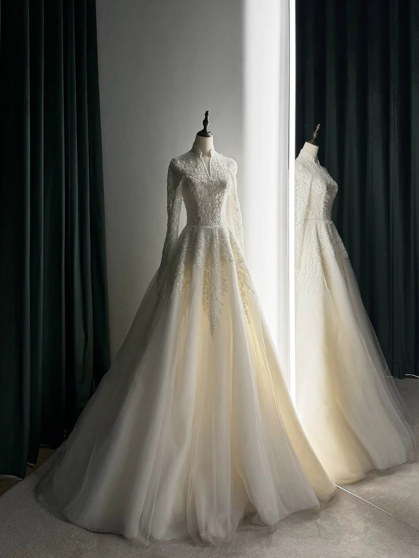 Sharon Said Elegant Luxury Dubai Beading Pearls Long Sleeves V-Neck  Wedding Dress Princess Arabic Bride Dress SW518 Customized Good Vibrations