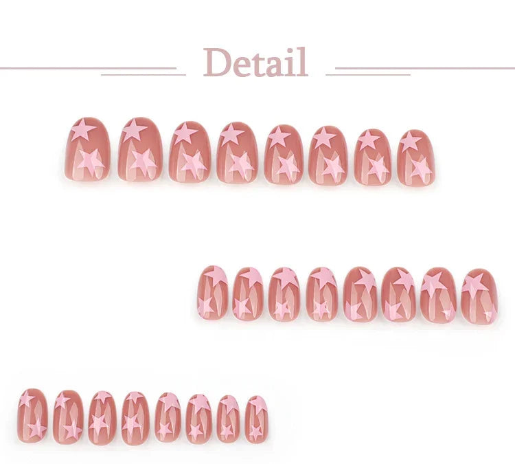 Pink Stars Nude Color Chic Delicate Wearable Nail Art Y2K Fashion Short False Nails Detachable Finished Fake Nails Press on Nail Good Vibrations