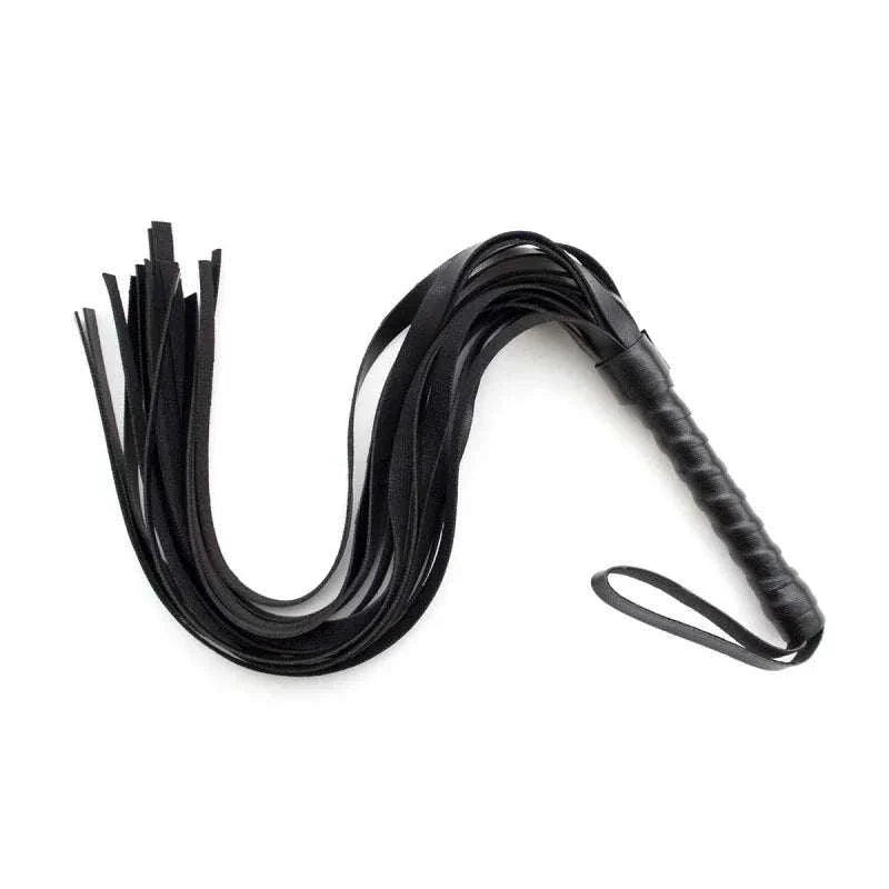 BDSM Bondage Slave Whip for adults, black leather flogger for erotic games.
