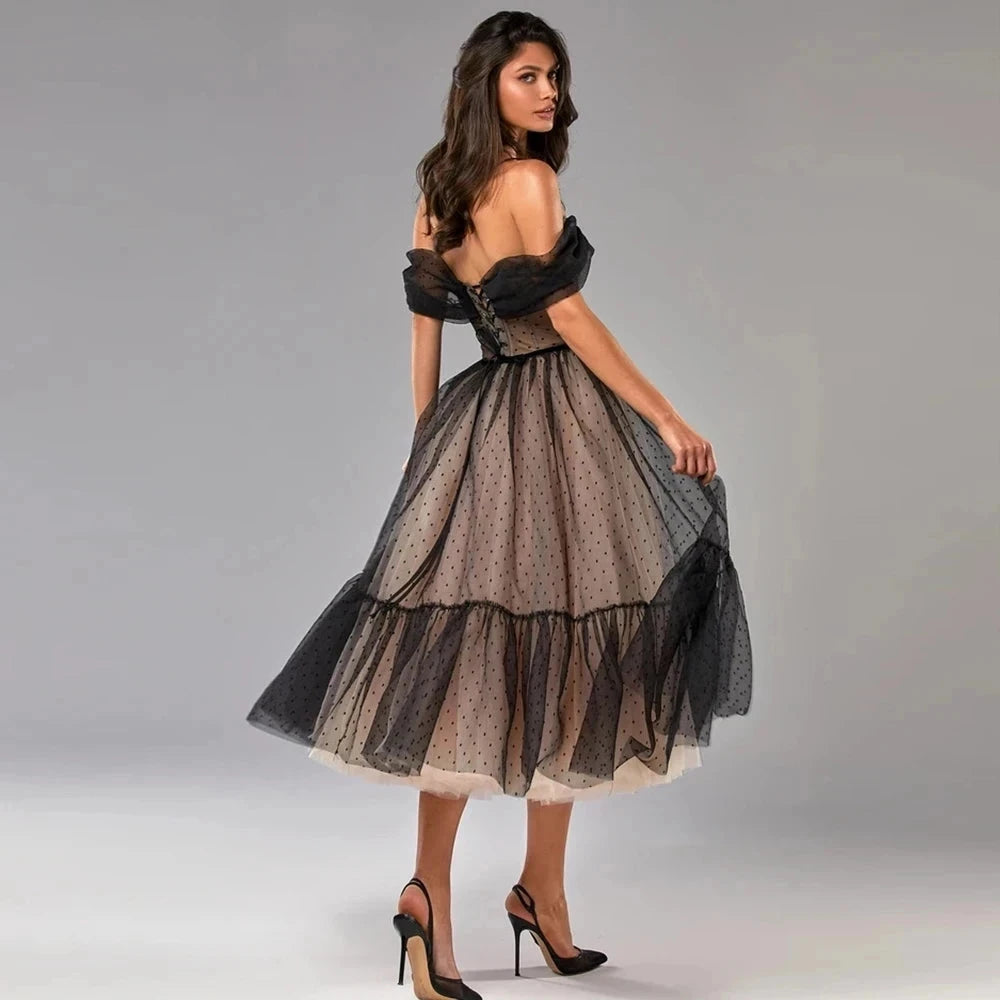 Customized Evening Dress Black Dots Tulle Tea-Length Pleat A-Line Off The Shoulder Plus size Women Formal Party Gown H858 Good Vibrations